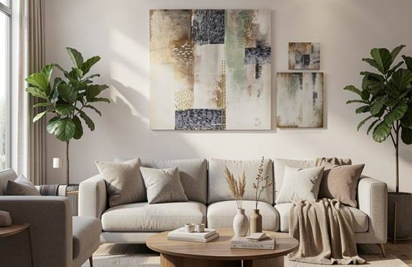 Lienzo pintado a mano para cabecero dormitorio Alt: Lienzo pintado a mano al óleo en tonos suaves para dormitorio o cabecero de cama