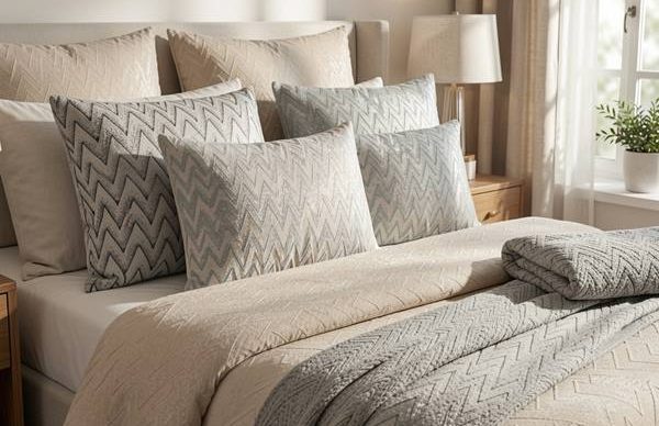 Fundas de cojín decorativas coordinadas para sofá y dormitorio Composición de fundas de cojín coordinadas con camino de mesa en tonos neutros para salón